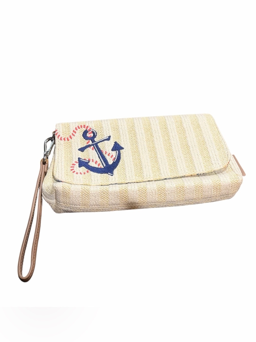 Striped Straw Wristlet Clutch with Navy Anchor Accent
